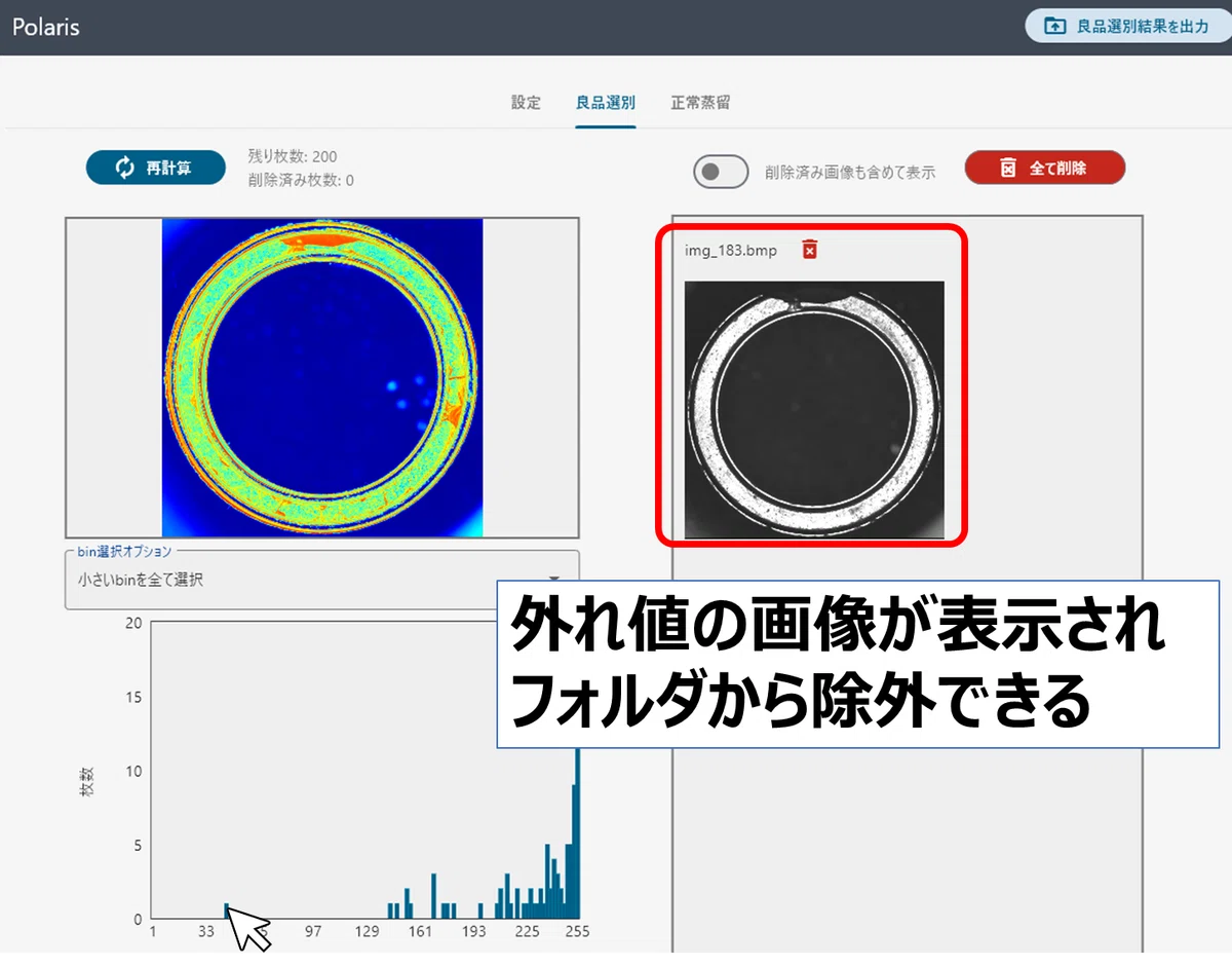 該当画像の表示と削除操作の画面。不要な画像をその場で除外できる