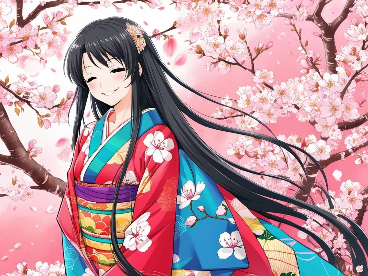 スタイルはアニメ。桜に向かってほほ笑む黒髪のロングヘアの着物姿の日本人女性