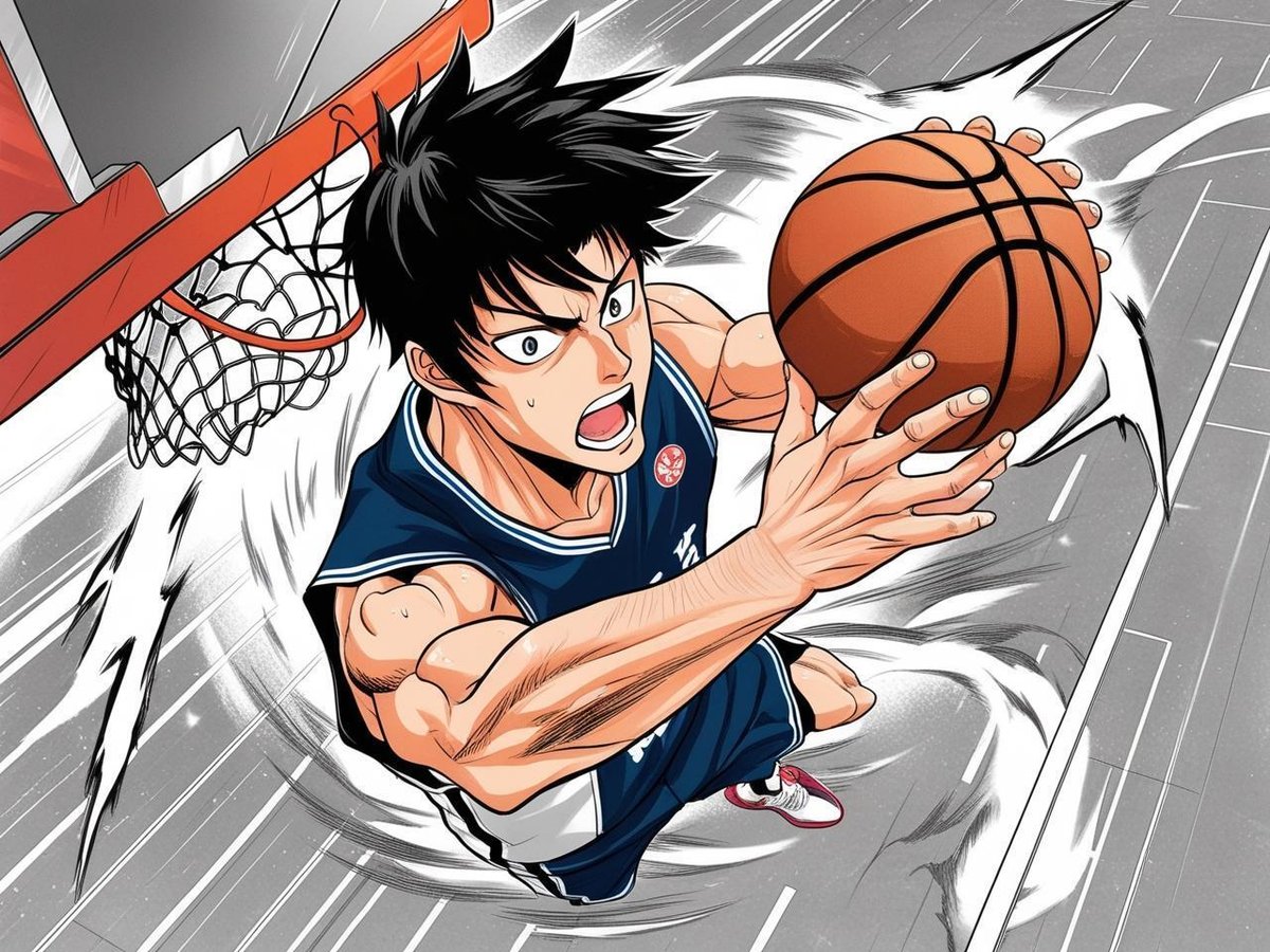 CANVAで画像作成「黒髪の日本人男性がダンクシュートを決める瞬間をアニメ風で書いて」