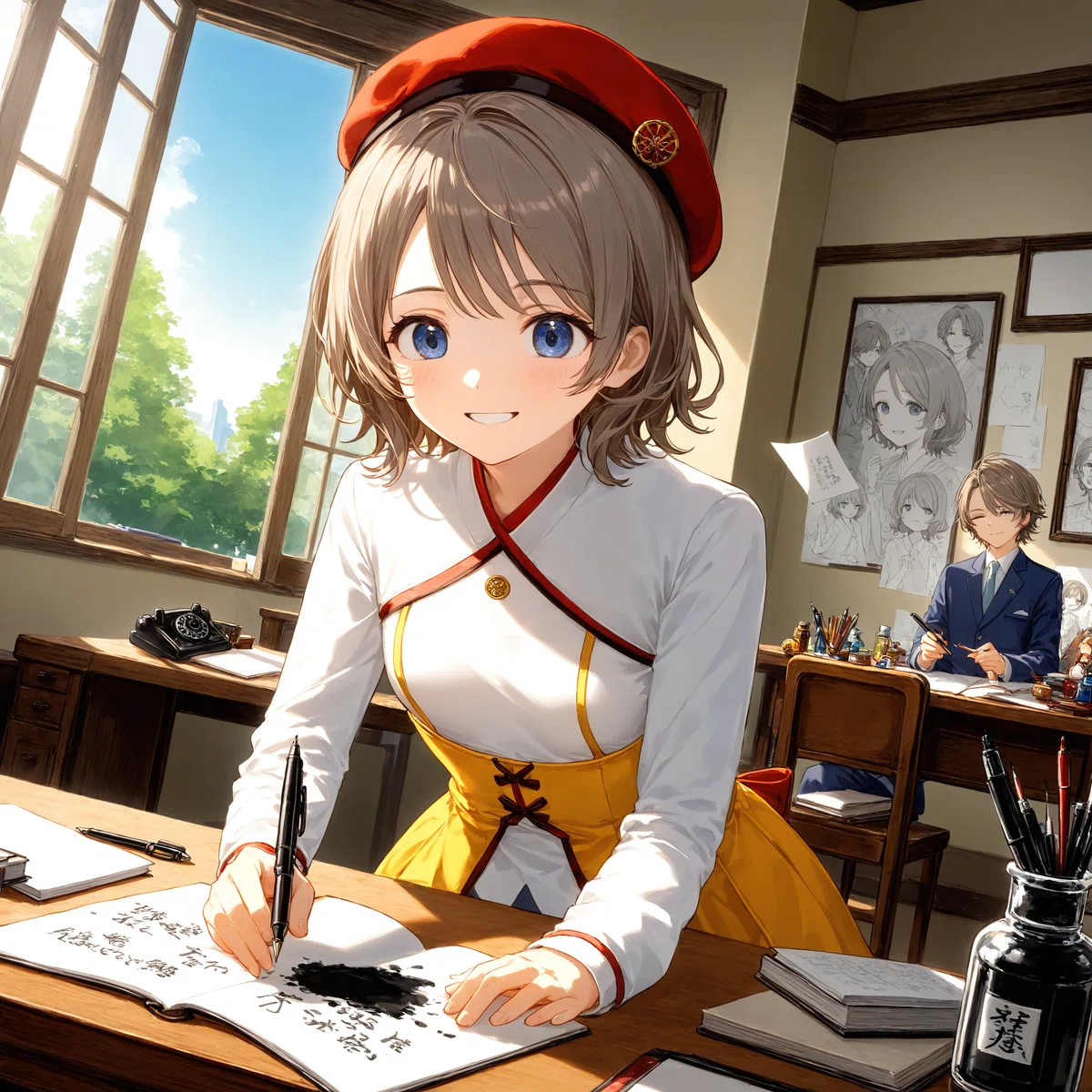 赤いベレー帽を被った漫画家の女の子がペンでマンガを描いているアニメイラスト