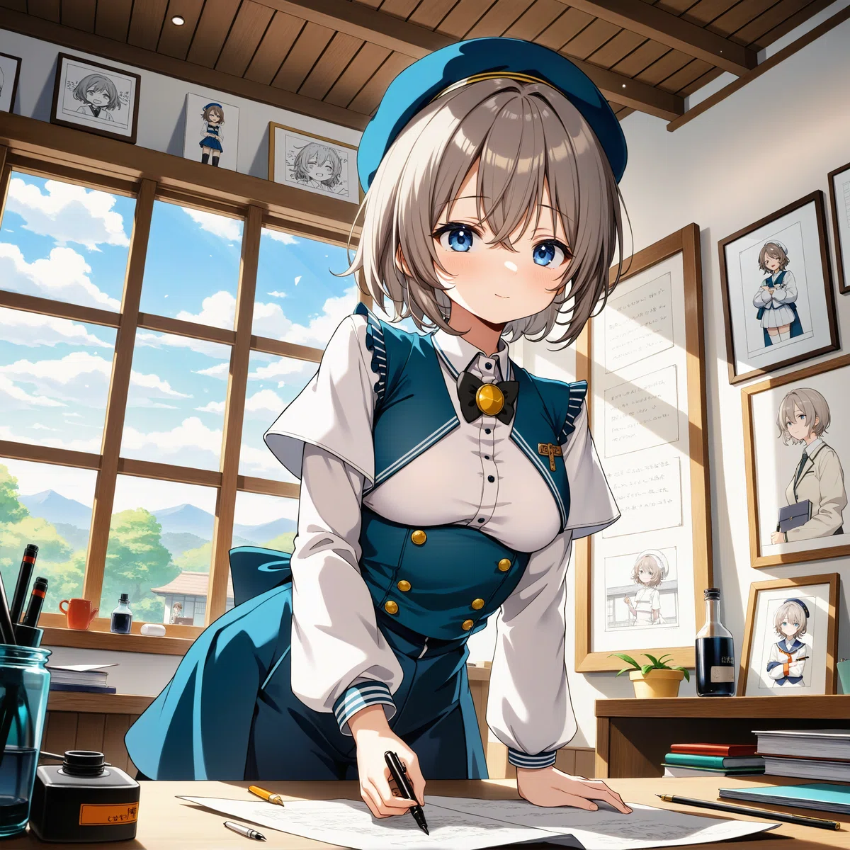 青いベレー帽を被った漫画家の女の子がペンでマンガを描いているアニメイラスト4