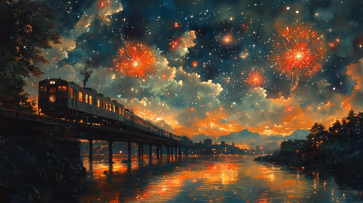 夜に花火に照らされた川の鉄橋をローカル線の列車が走っている絵画風のイラスト