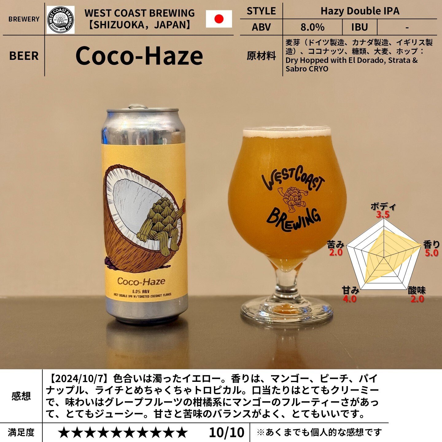 WEST COAST BREWING の「Coco-Haze」｜yamashin0120