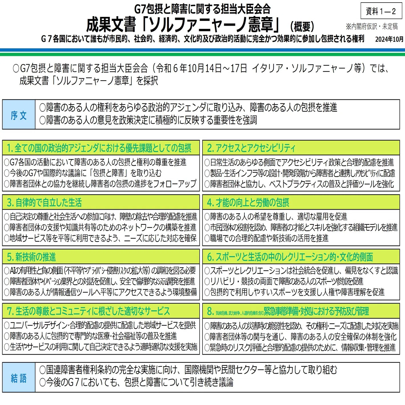 🟧G7包摂と障害に関する担当大臣会合 成果文書「ソルファニャーノ憲章