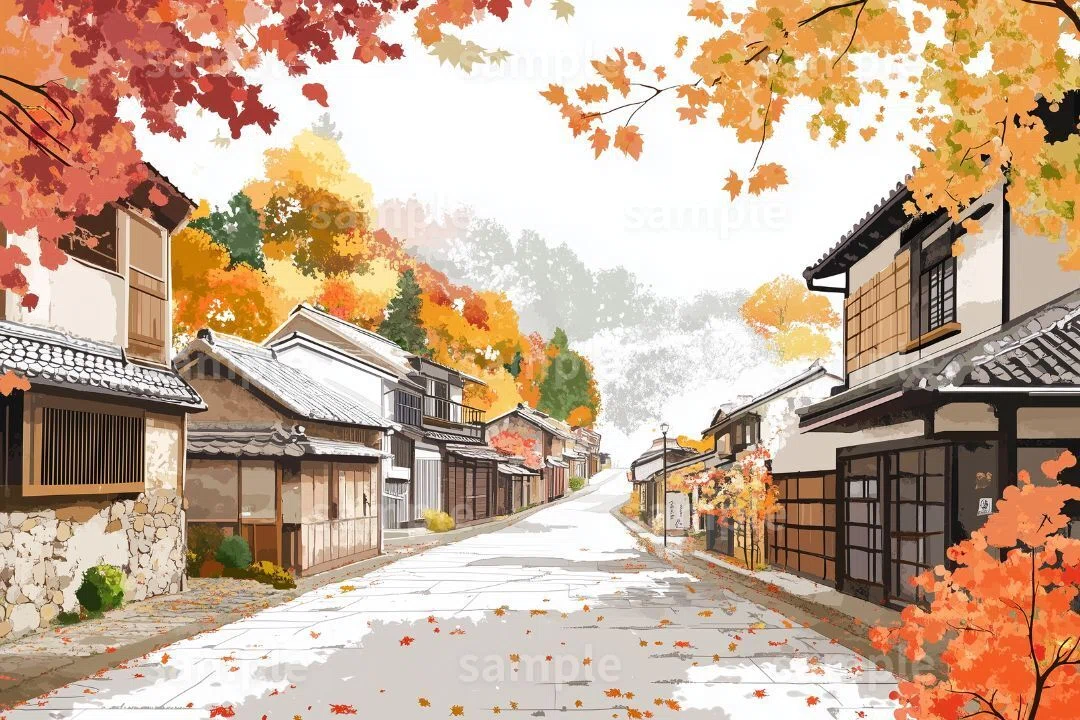 【秋】日本の街並みイラスト素材3枚セット|紅葉・サムネイル・YouTube動画・アイキャッチ・イメージ画像に【note限定素材】