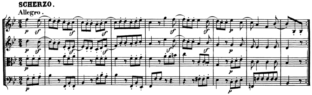 ベートーヴェン、弦楽四重奏曲第6番(Op.18-6)のスケルツォ冒頭
