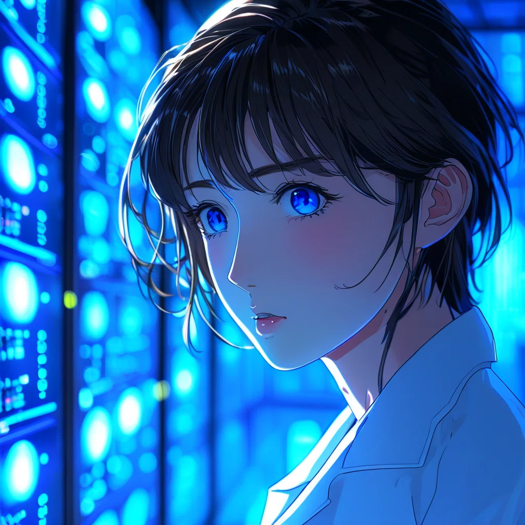 白衣を着た女性科学者が横目でこちらを見ているアニメイラスト