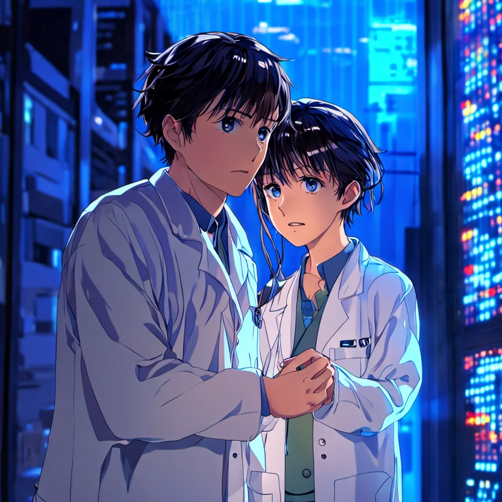 白衣を着た男女2人の科学者がデータセンターの表示を見ながら手を取り合っているアニメイラスト