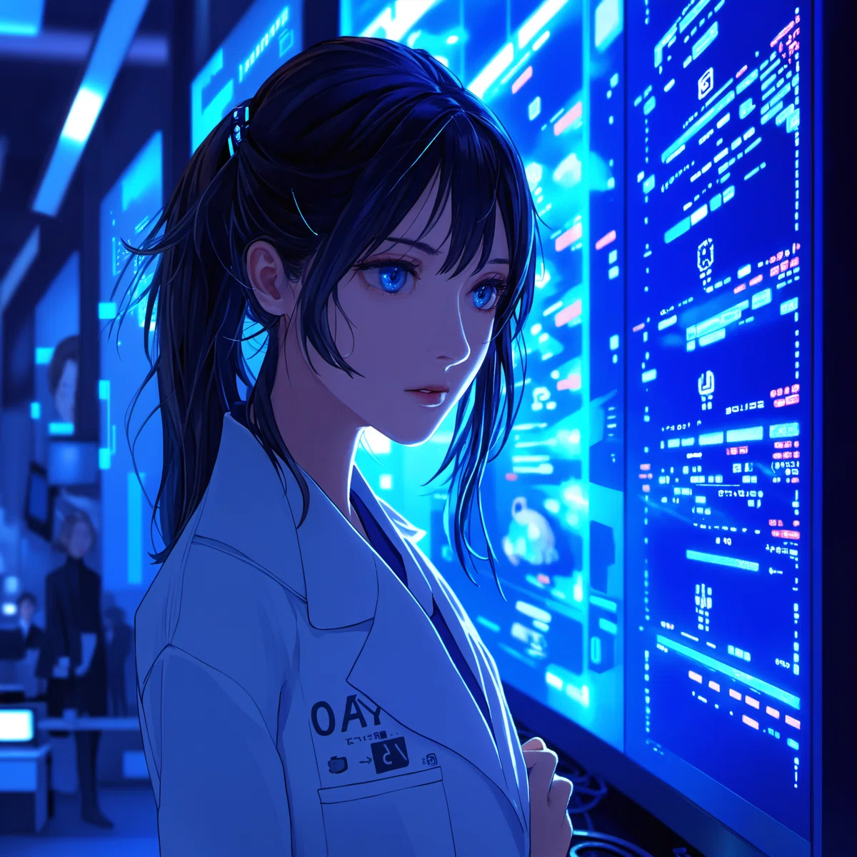 白衣を着た女性科学者がモニターを点検しているアニメイラスト