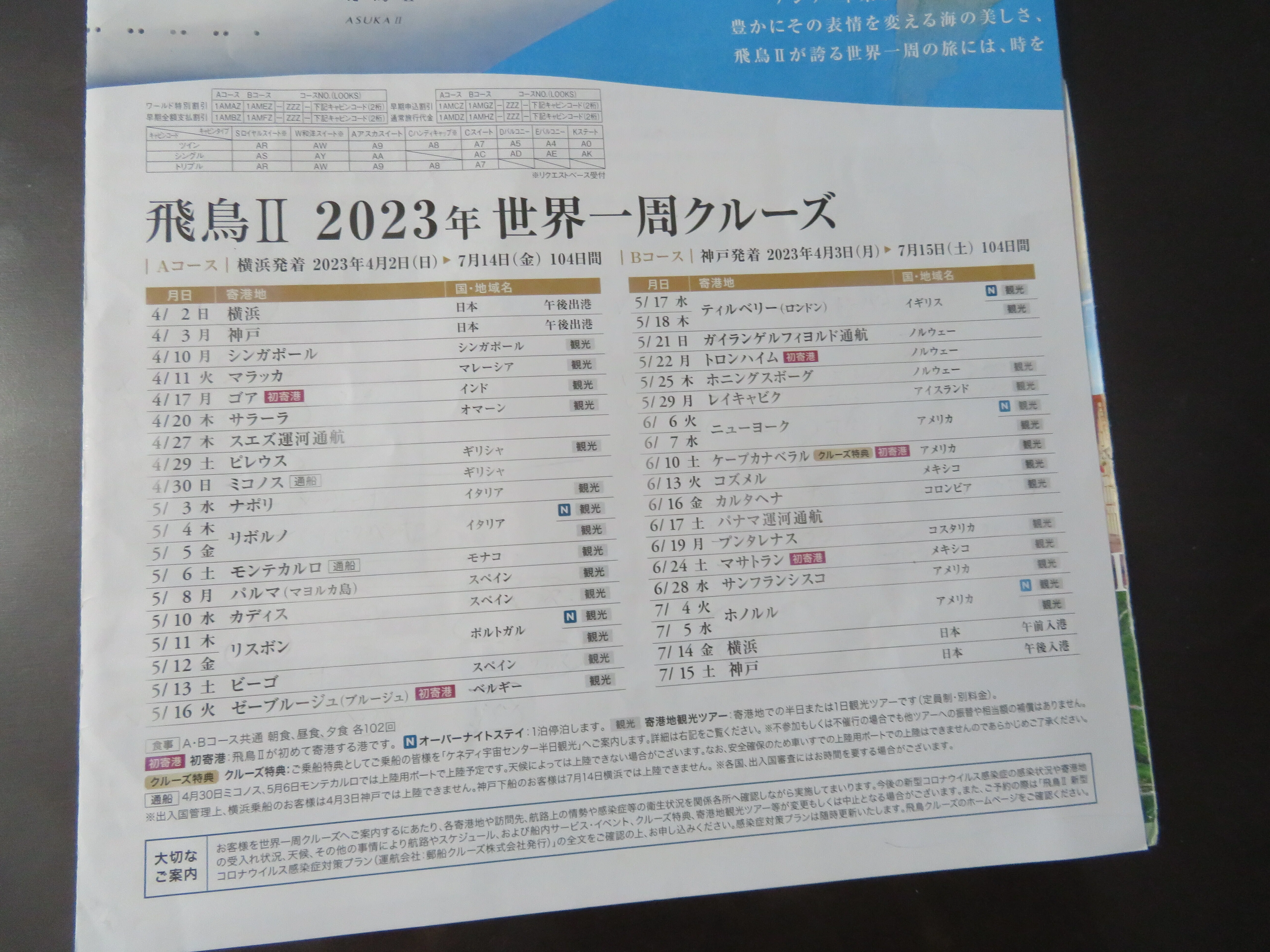 申し込み予定だった過去のスケジュールや2024年飛鳥Ⅱ世界一周クルーズ