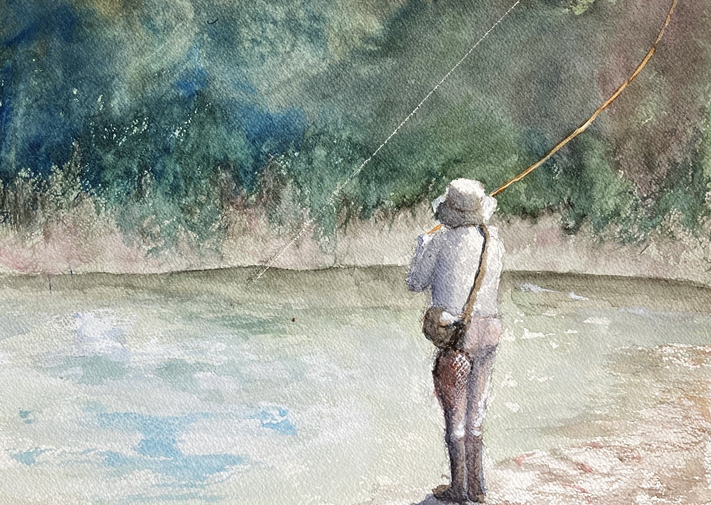 水彩画「釣り人」 オリジナル水彩画「岩場での釣り」、1990 年代頃、作者不明