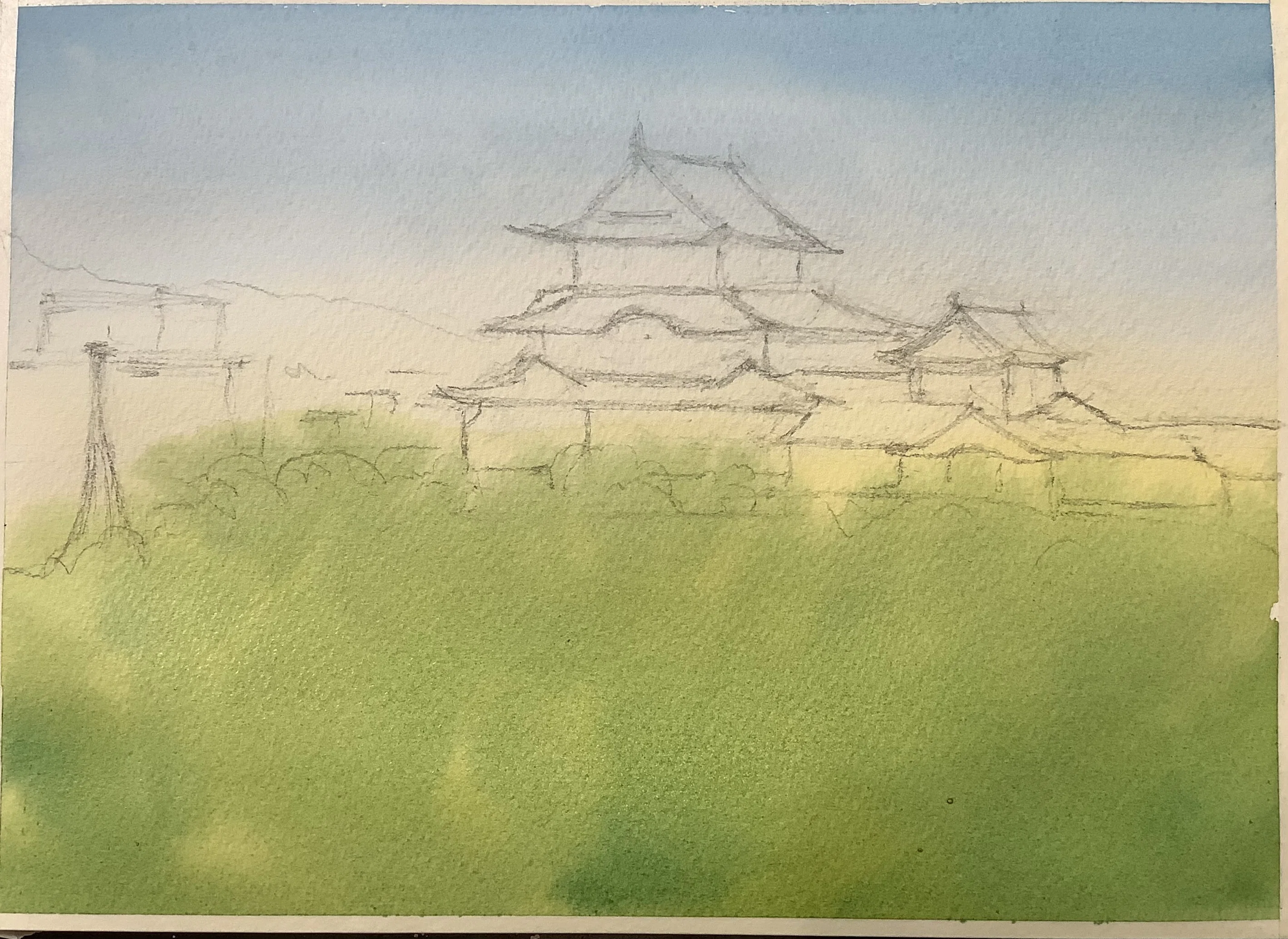お城の見える町かど シリーズ 和歌山城 水彩画 お城の見える町かど