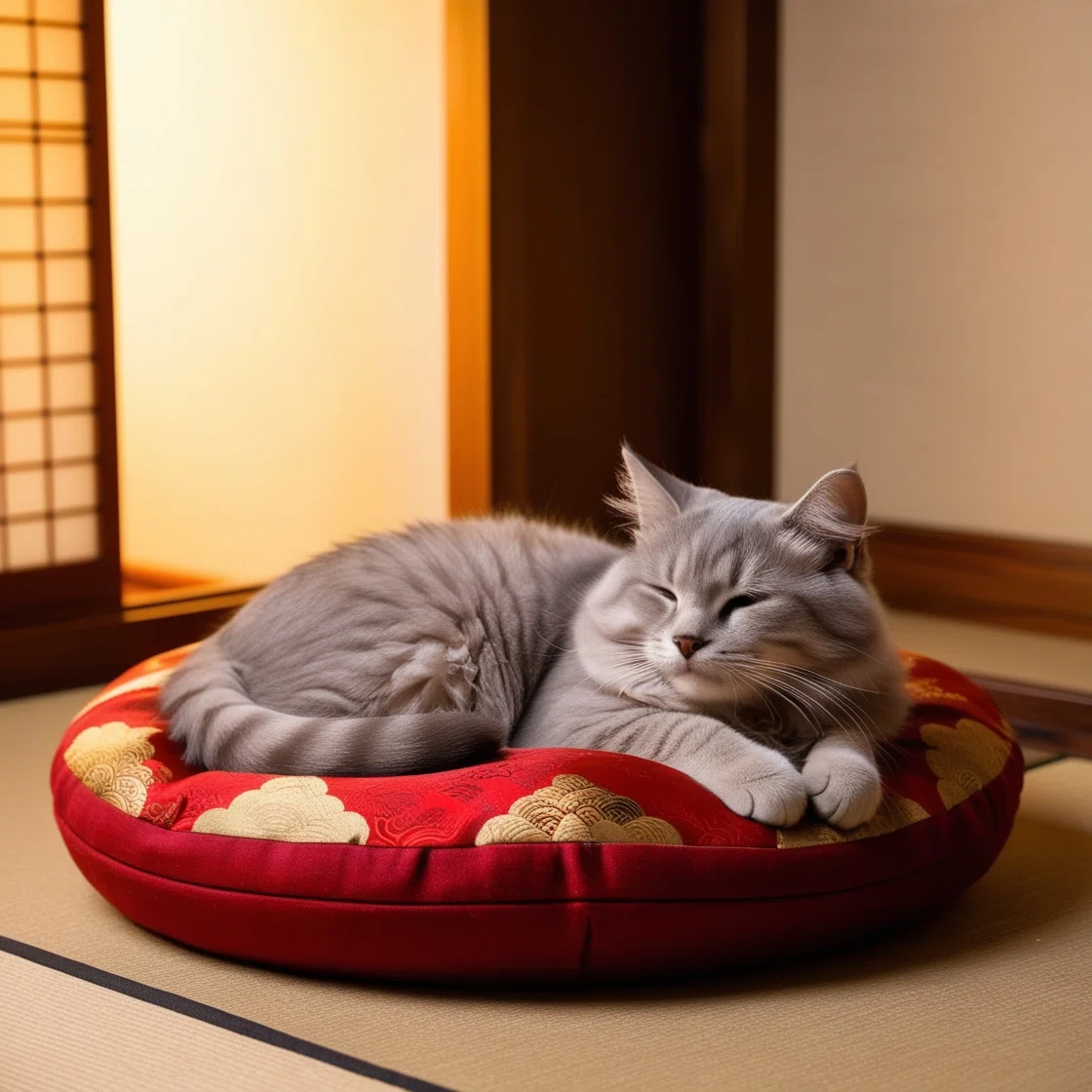 Leonardo AI で生成した座布団の上で気持ちよさそうに寝ている猫の実写風のイラスト