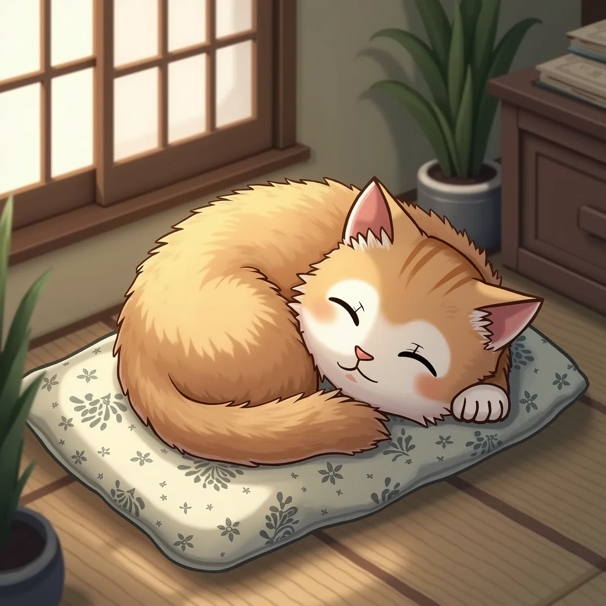 SeaArt AI で生成した座布団の上で気持ちよさそうに寝ている猫のアニメイラスト