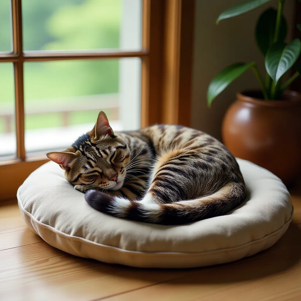 Tensor Art で生成した座布団の上で気持ちよさそうに寝ている猫の実写風のイラスト