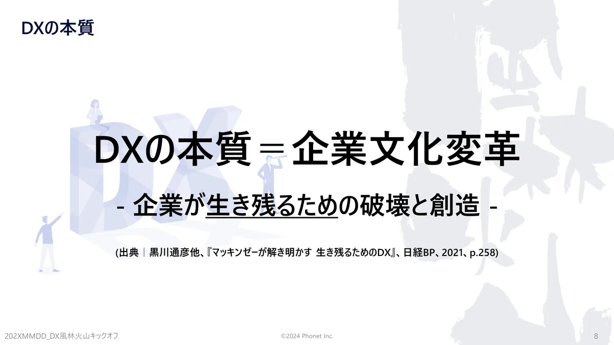 DXの本質＝企業文化変革
- 企業が生き残るための破壊と創造 -

(出典｜黒川通彦他、『マッキンゼーが解き明かす 生き残るためのDX』、日経BP、2021、p.258)