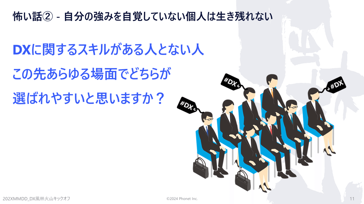 怖い話② - 自分の強みを自覚していない個人は生き残れない：DXに関するスキルがある人とない人
この先あらゆる場面でどちらが選ばれやすいと思いますか？