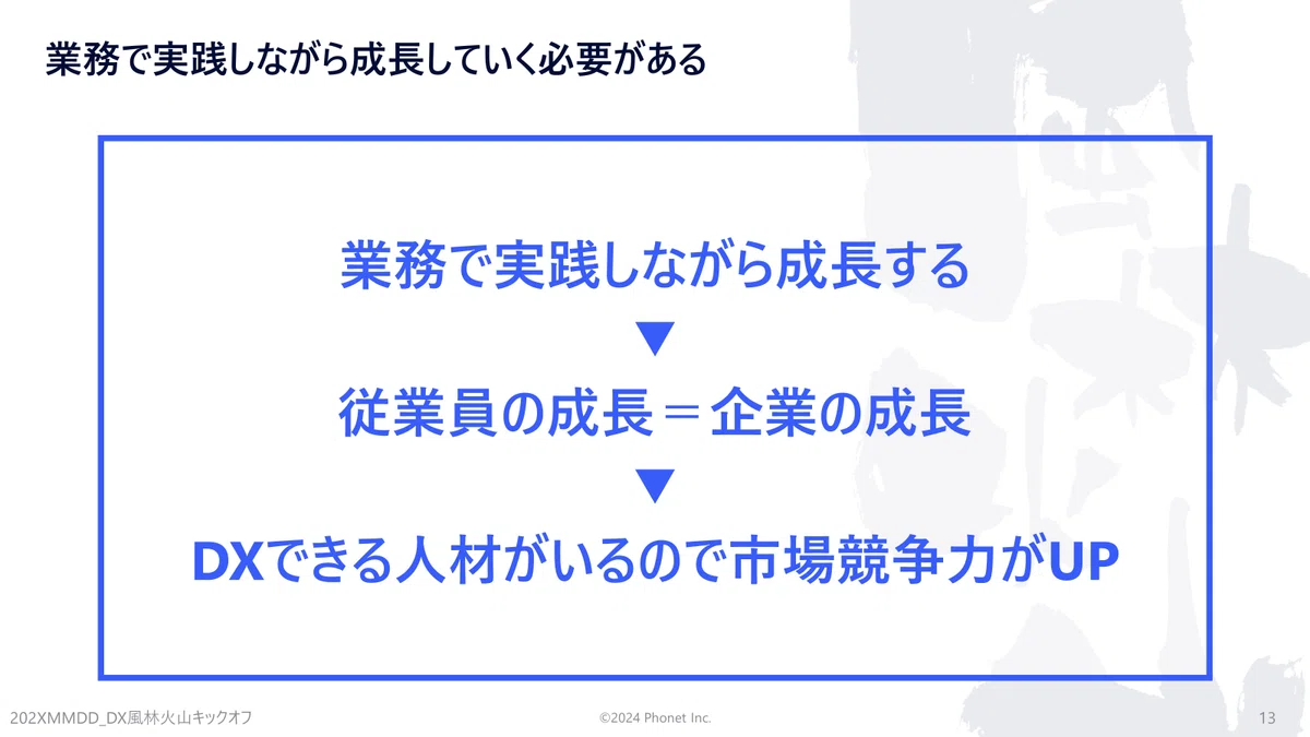 業務で実践しながら成長する→従業員の成長＝企業の成長→DXできる人材がいるので市場競争力がUP