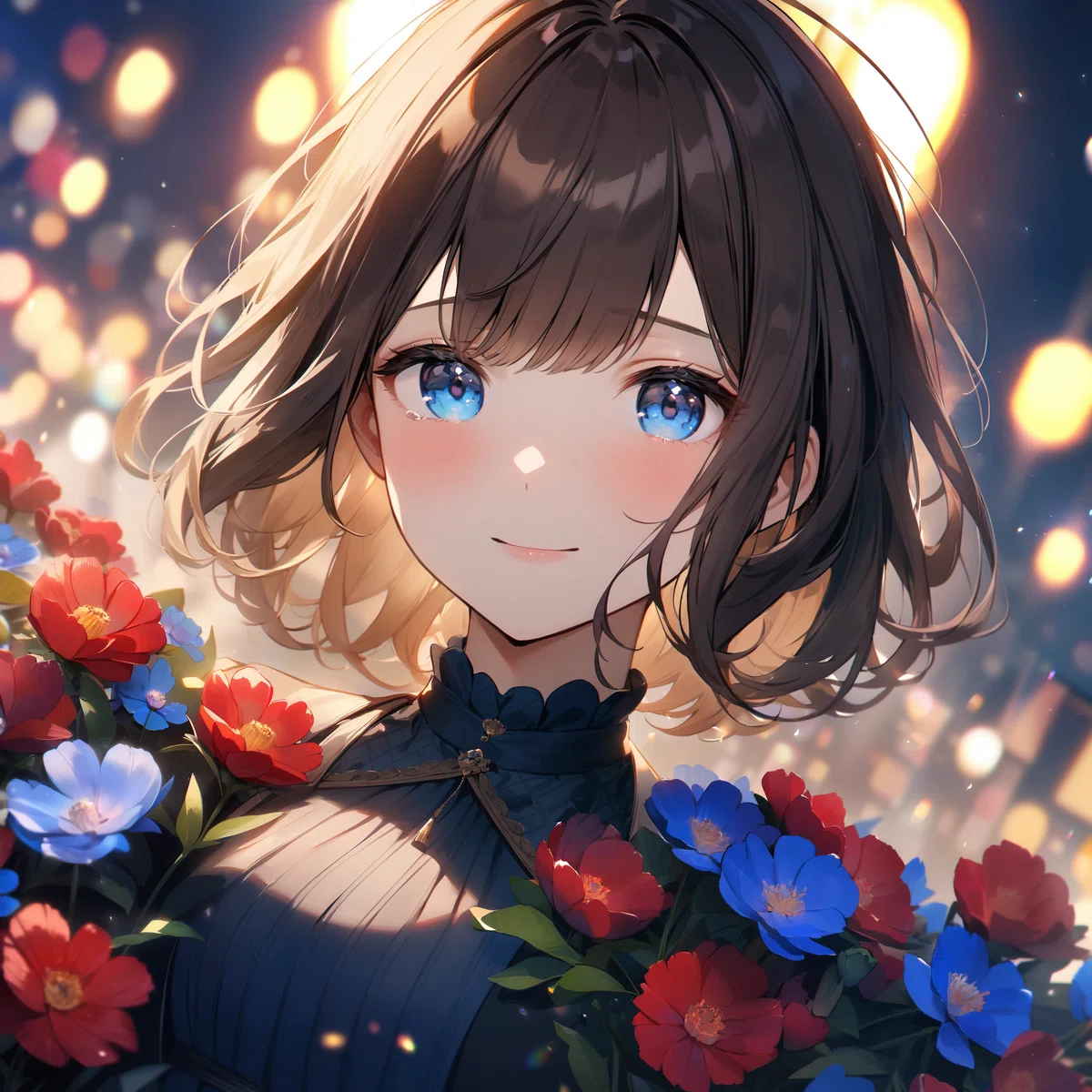 animagine-XL 3.1 で生成した夜の屋上庭園と女性のアニメイラスト2