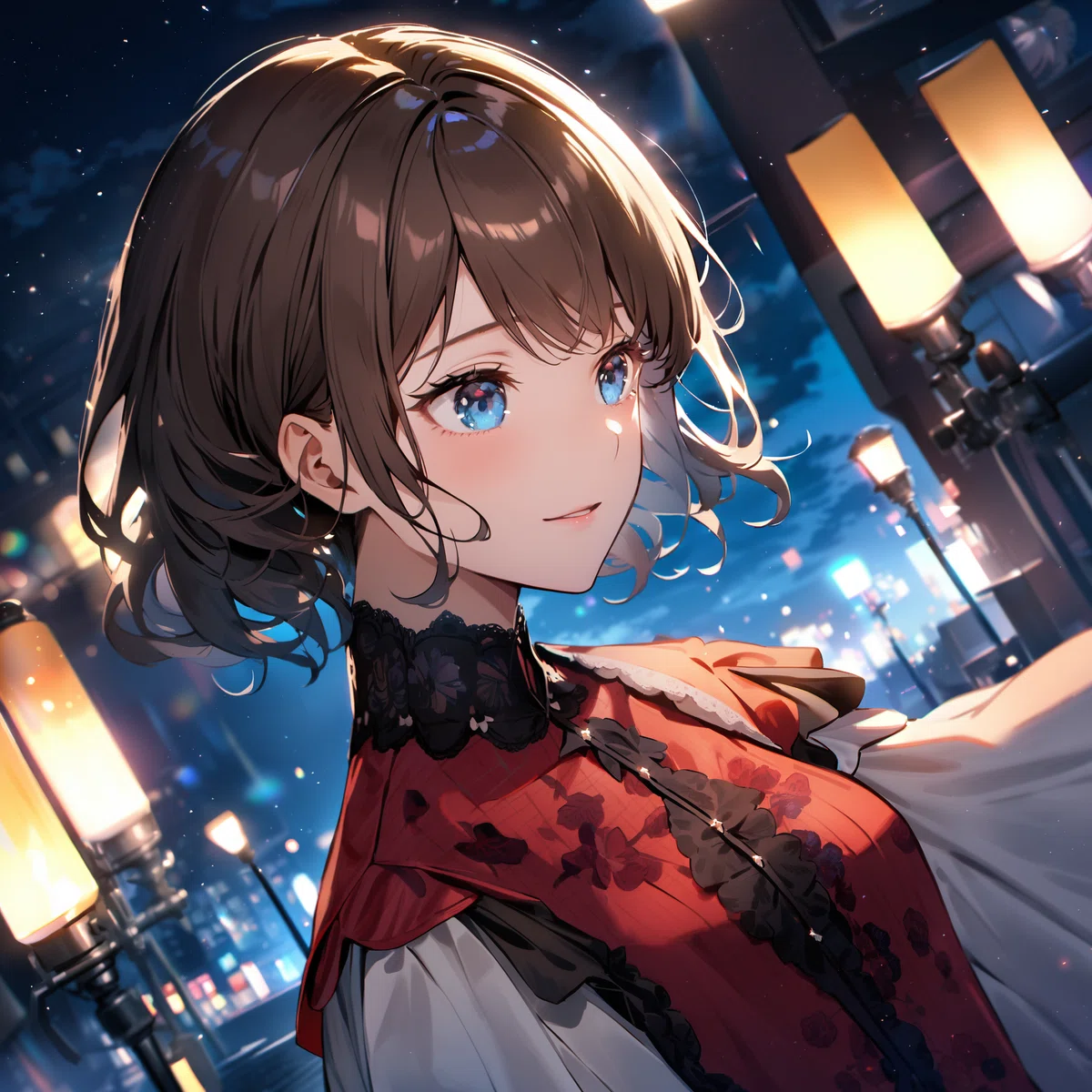 animagine-XL 3.1 で生成した夜の屋上庭園と女性のアニメイラスト3