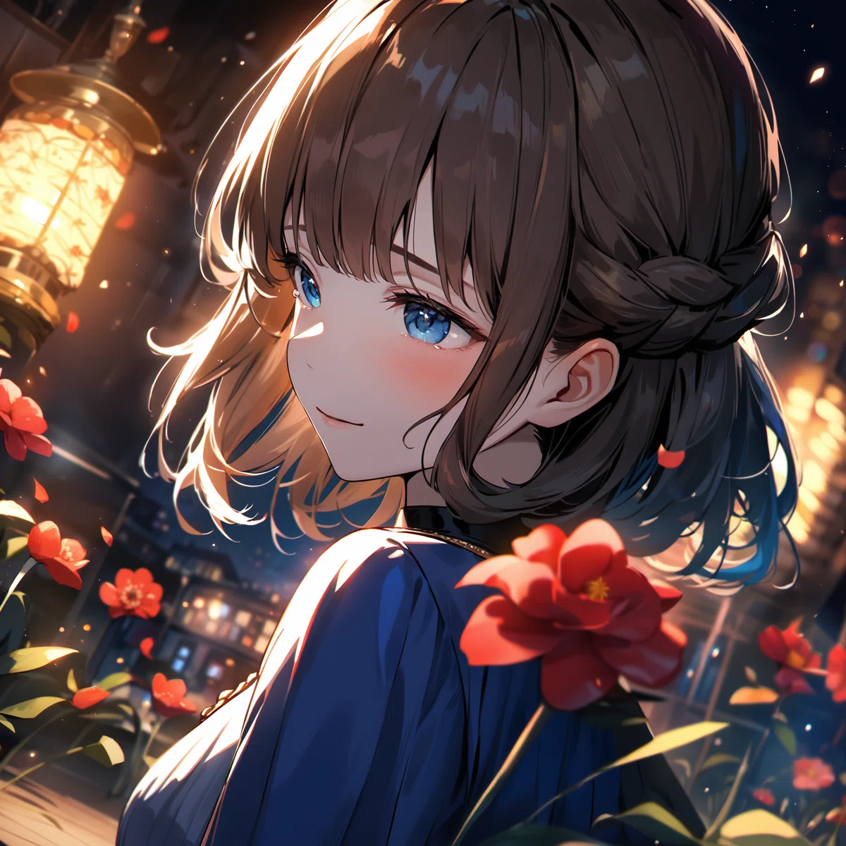 animagine-XL 3.1 で生成した夜の屋上庭園と女性のアニメイラスト4