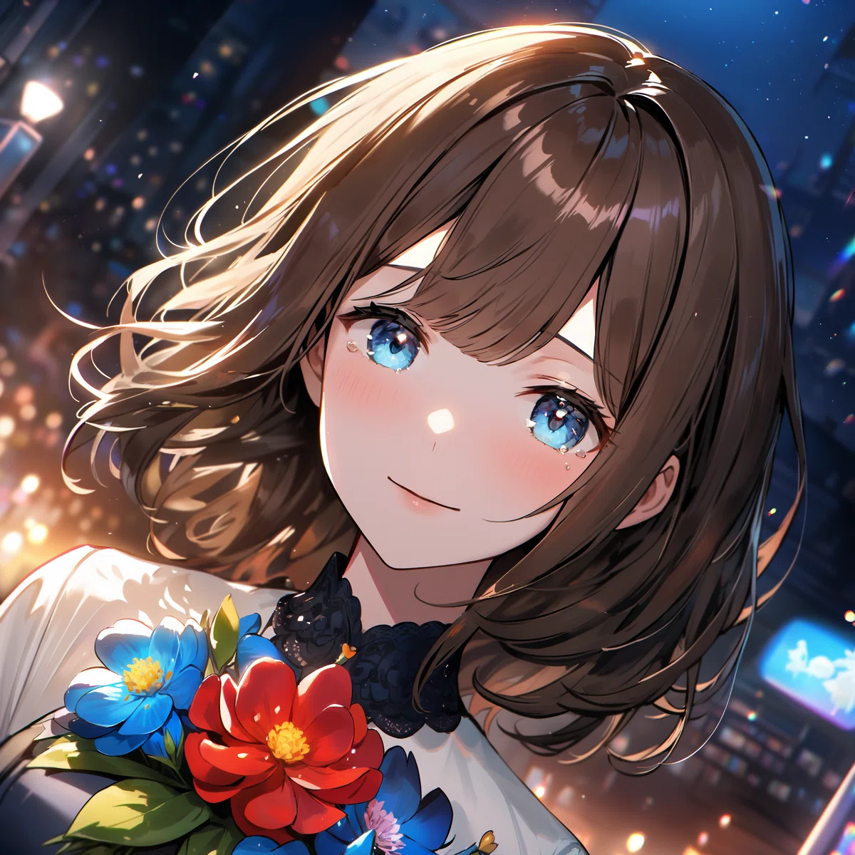 animagine-XL 3.1 で生成した夜の屋上庭園と女性のアニメイラスト6