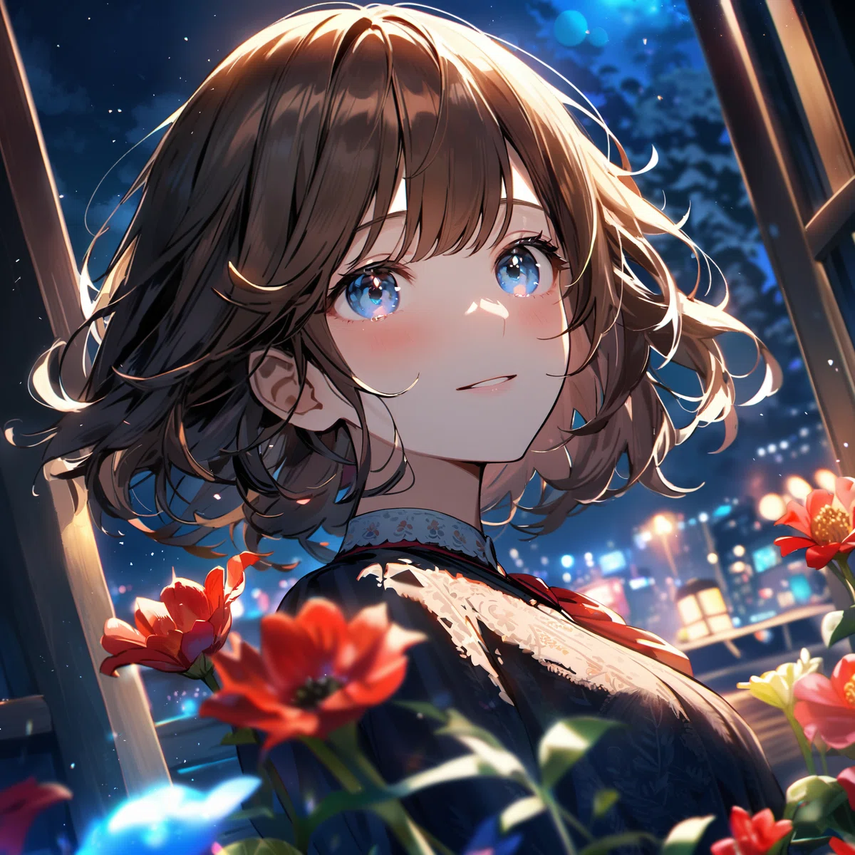 animagine-XL 3.1 で生成した夜の屋上庭園と女性のアニメイラスト7
