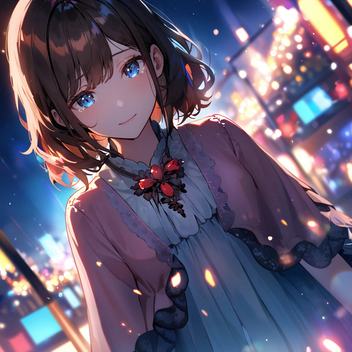 animagine-XL 3.1 で生成した夜の屋上庭園と女性のアニメイラスト8