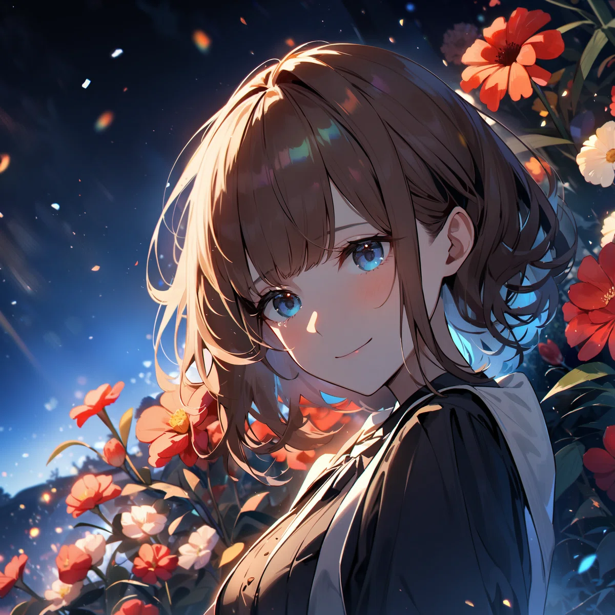 animagine-XL 3.1 で生成した夜の屋上庭園と女性のアニメイラスト1