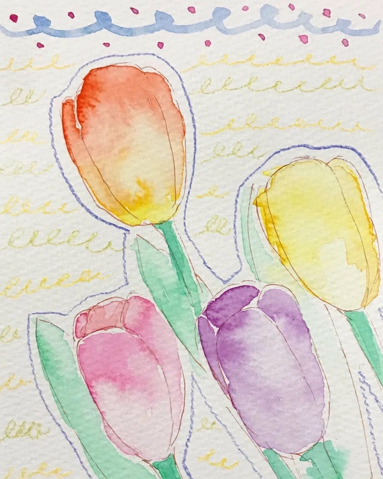 専用　手描きイラスト　原画　チューリップ　オリジナル　水彩画 水彩画・原画「チューリップ」 | iichi 日々の暮らしを心地よく