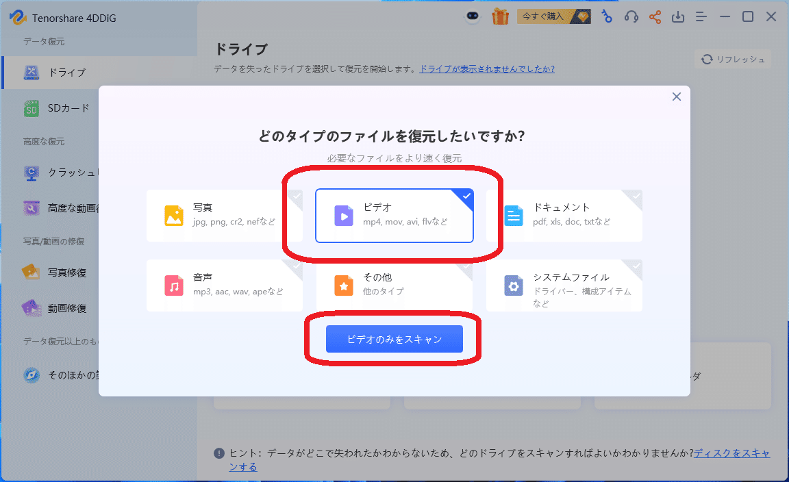 復旧したいファイル形式を選択