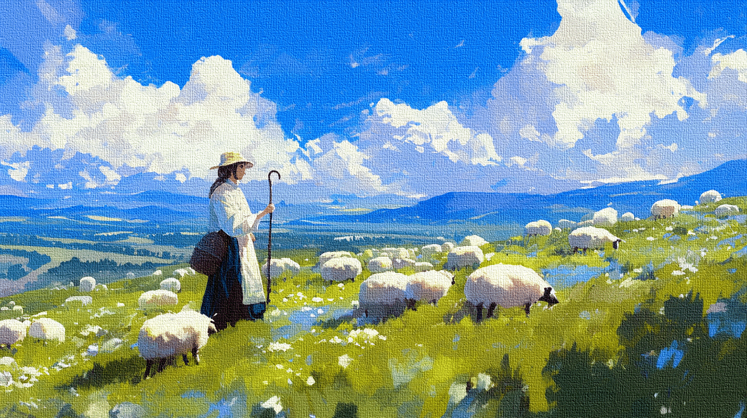 AIイラスト🎨羊飼いと羊たちの生活｜れいれい🌎学び続ける先生