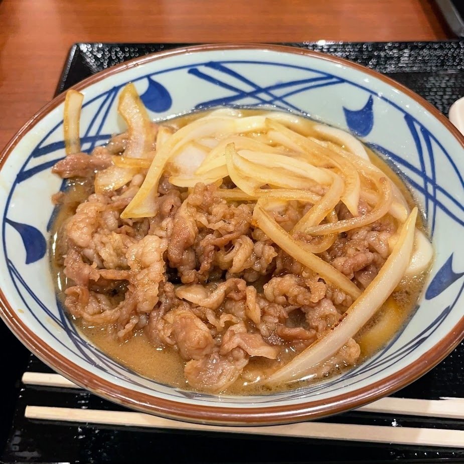 肉うどんの写真　どんぶりに焼いた豚肉の薄切りと玉ねぎが入っている　下のうどんが少し見えている