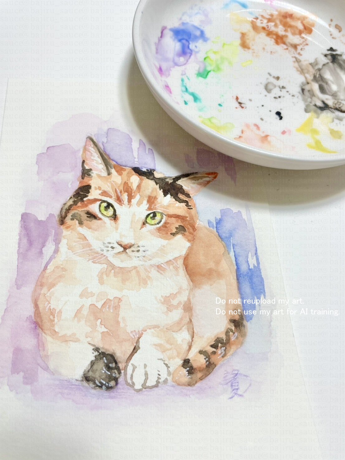 水彩画原画 銀河鉄道を見送る猫