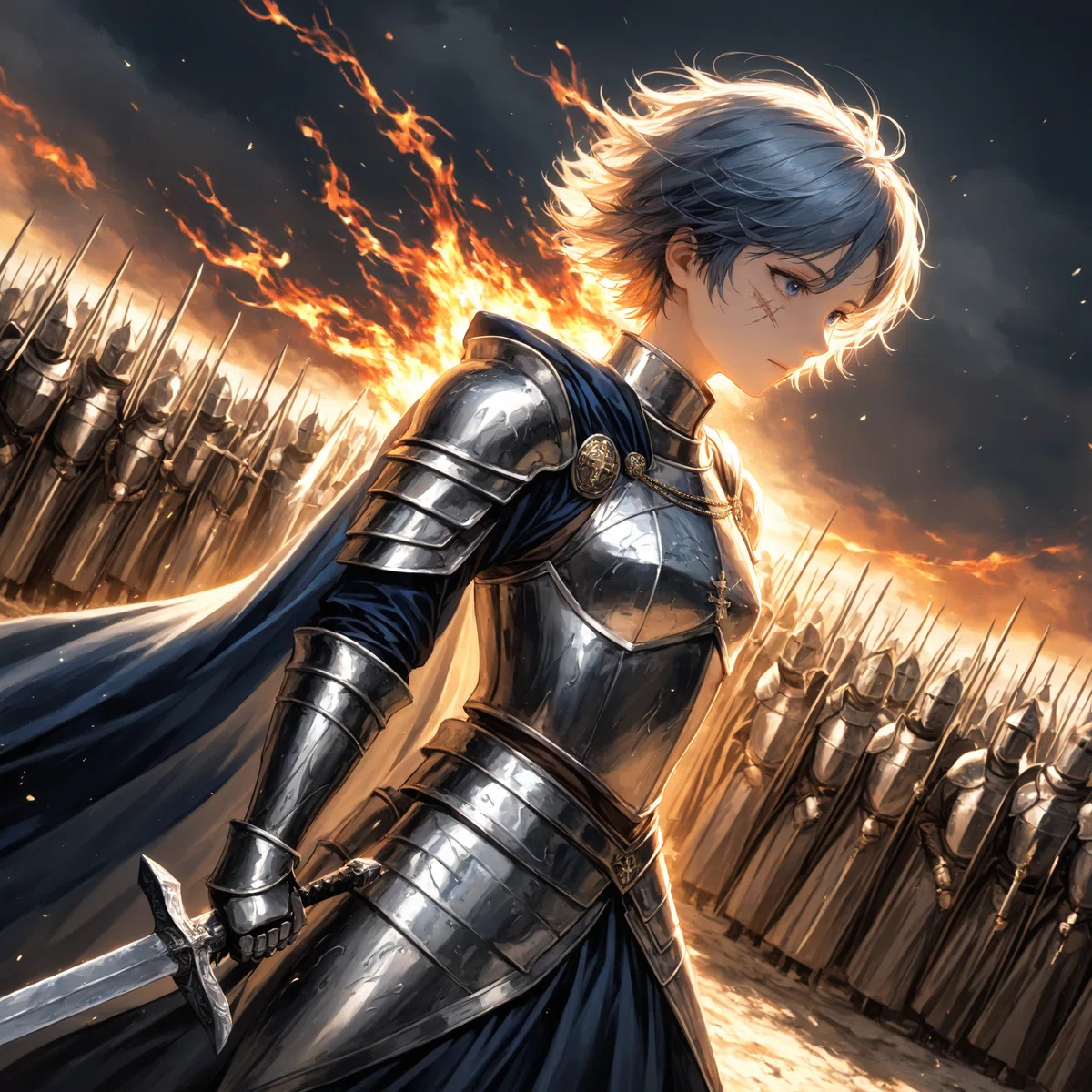 板金鎧を着た女性騎士と兵士のイラスト3