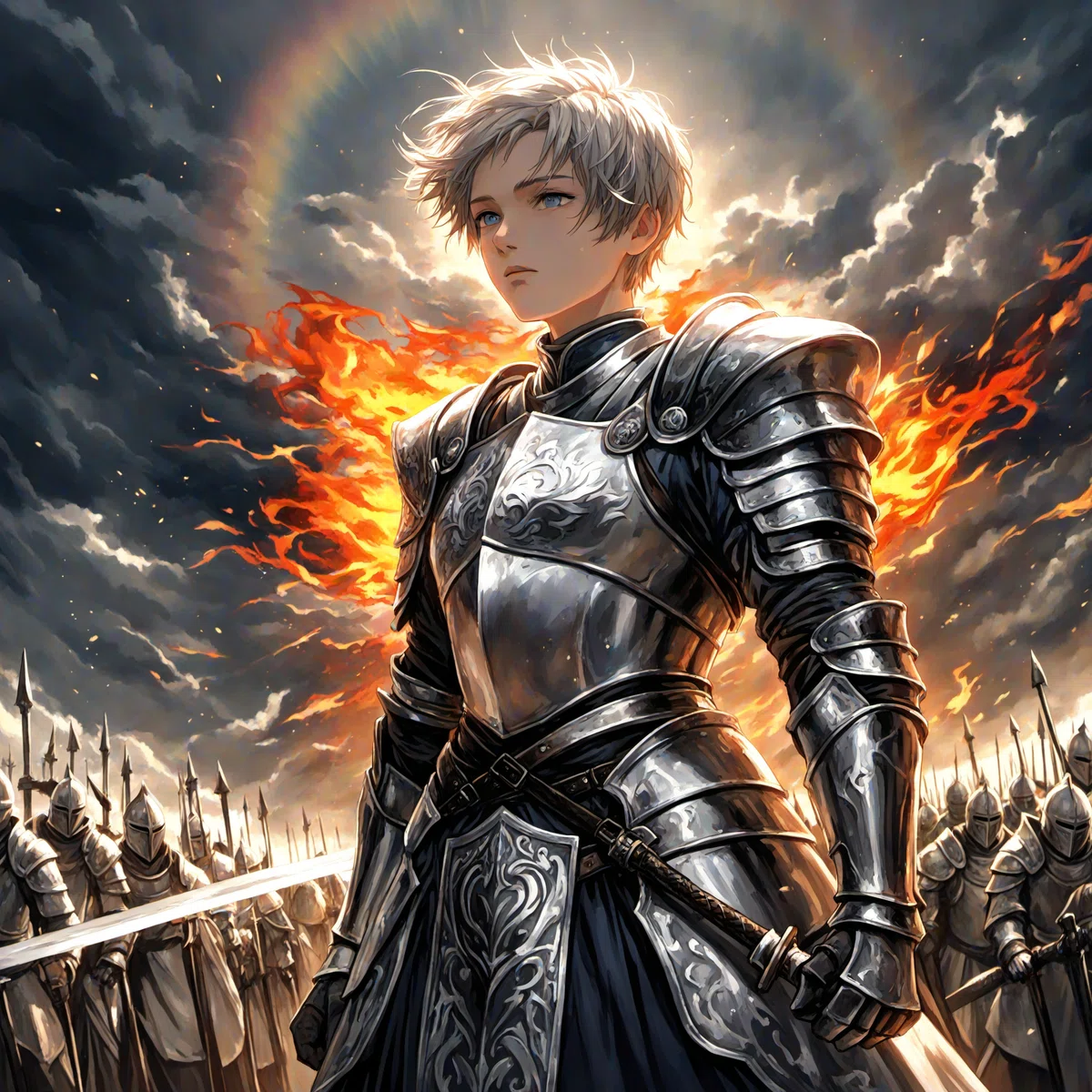 板金鎧を着た女性騎士と兵士のイラスト1