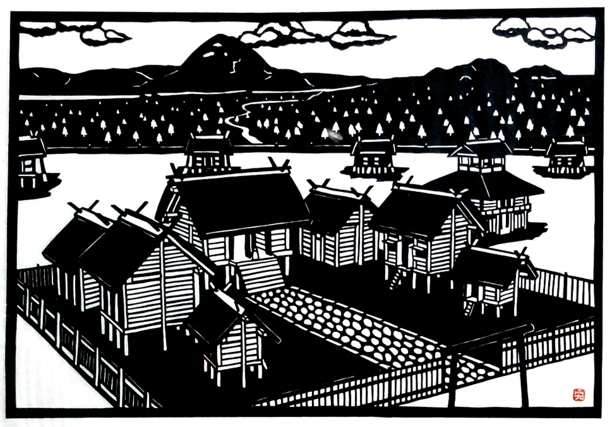 切り絵作品 歴史的風景 伊勢型に型絵彫の額にはいて居ます。 切り絵 伊勢遺跡｜hiro@moriken