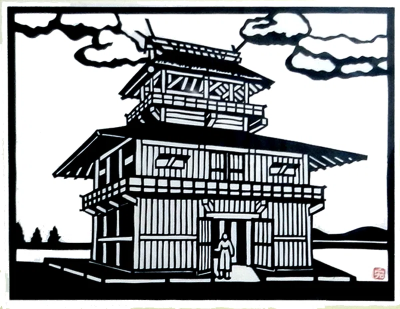 切り絵作品 歴史的風景 伊勢型に型絵彫の額にはいて居ます。 切り絵 伊勢遺跡｜hiro@moriken