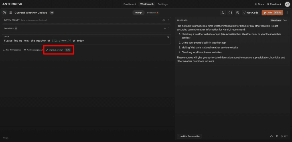 適当なプロンプトを書くと、プロンプト入力欄の下に「Improve prompt」というボタンがあるので、そこからプロンプトを改善できます。