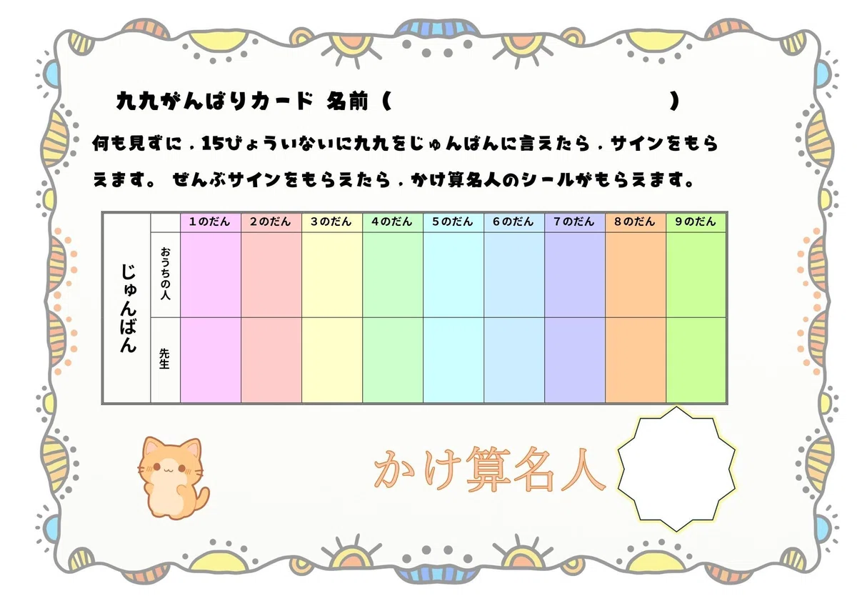 九九頑張りカード（小学校2年生かけざん）｜前ネコ先生 教育ツール研究室