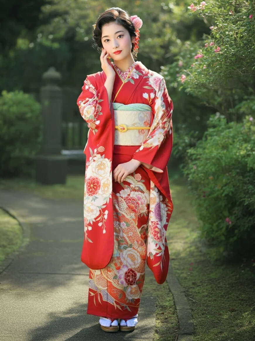 和風ポートレート 赤と白の着物A3上質ケント AIが描く魅惑の着物ポートレート：伝統美と最先端技術の融合 ｜Mirai