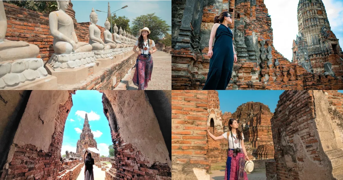 タイ民族衣装を着てアユタヤ遺跡で写真撮影