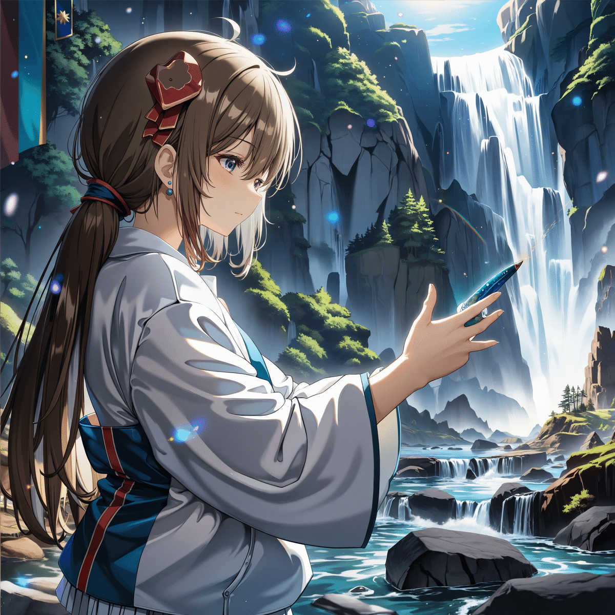 滝行をするきれいな女性のアニメイラスト、anima_pencil-XL -> blue_pencil-flux1 FP8