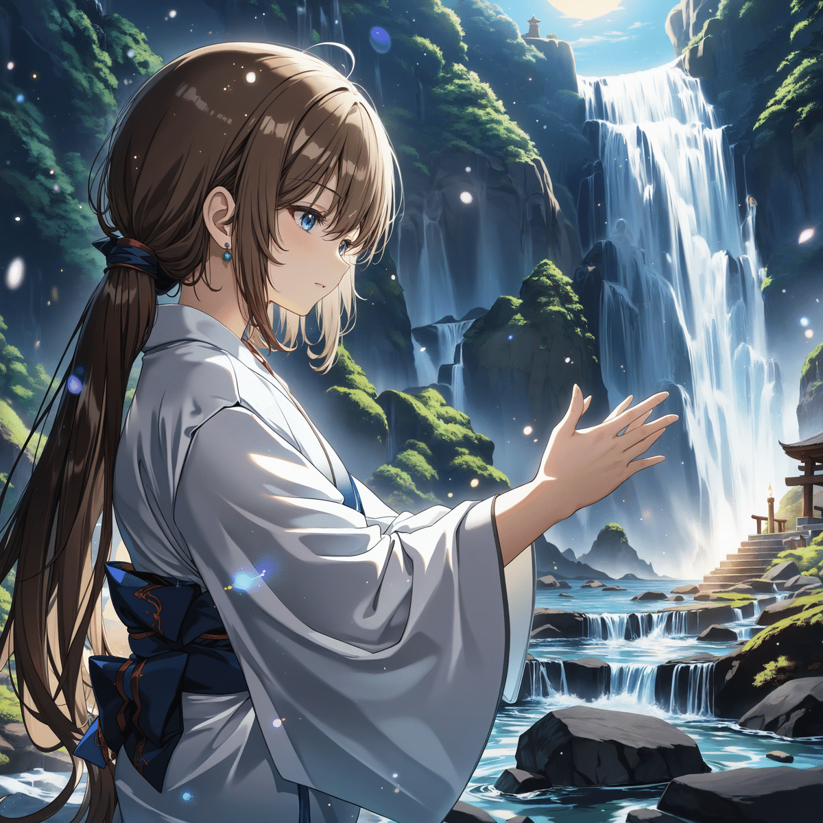滝行をするきれいな女性のアニメイラスト、anima_pencil-XL -> blue_pencil-flux1 Q4_K_M.gguf