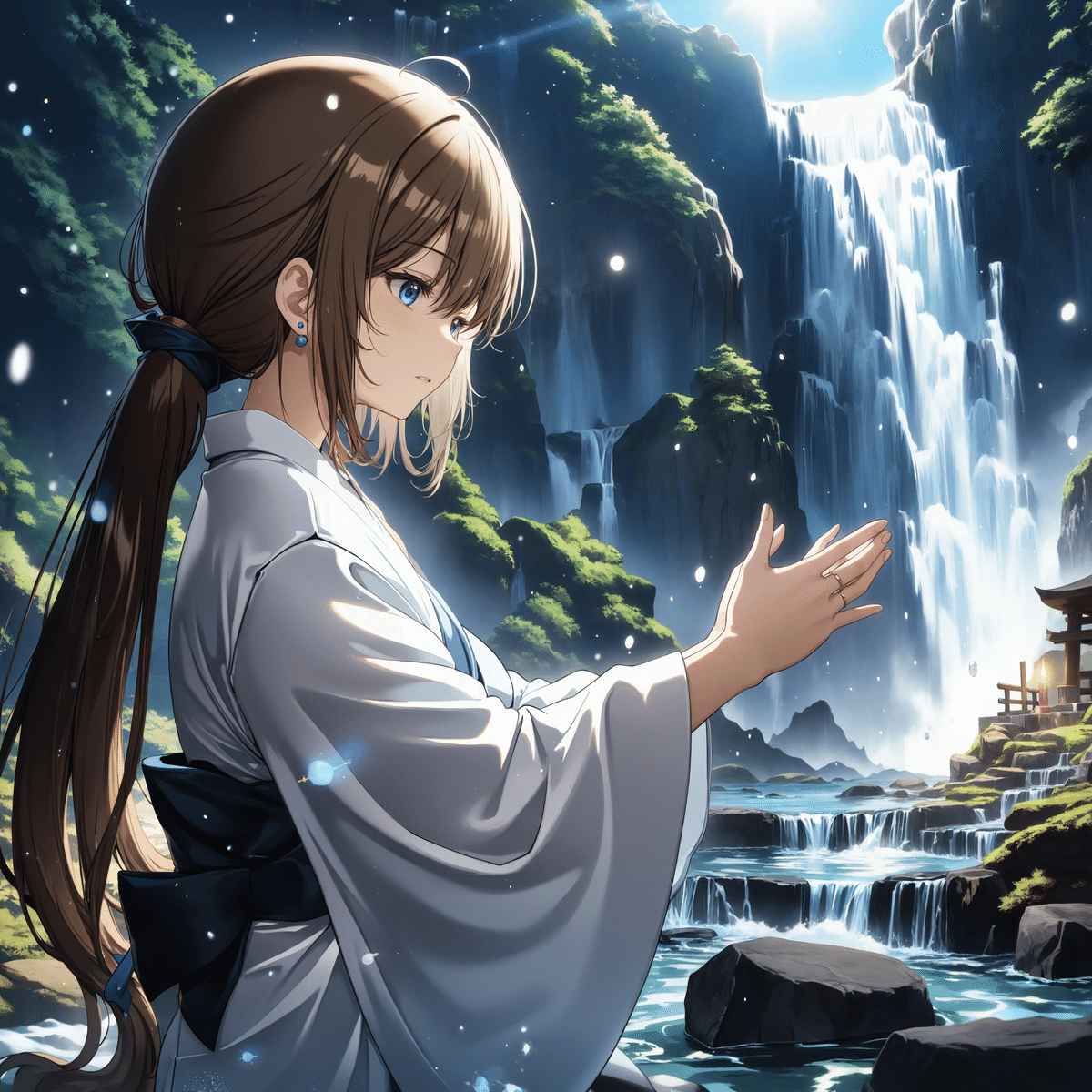 滝行をするきれいな女性のアニメイラスト、anima_pencil-XL -> blue_pencil-flux1 Q3_K_L.gguf
