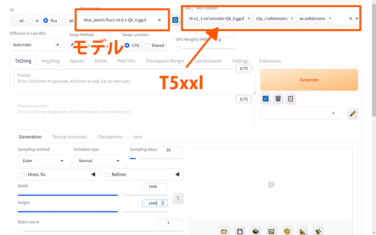 Stable Diffusion webUI Forge の生成画面、モデル選択部分とテキストエンコーダーの選択部分にコメント入り