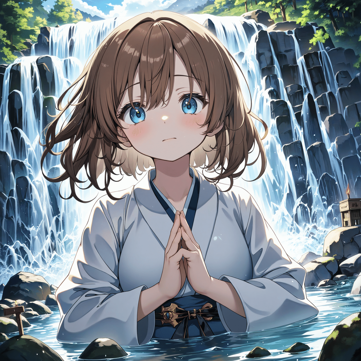 滝行をするきれいな女性のアニメイラスト、腰まで水につかってこちらを見ている