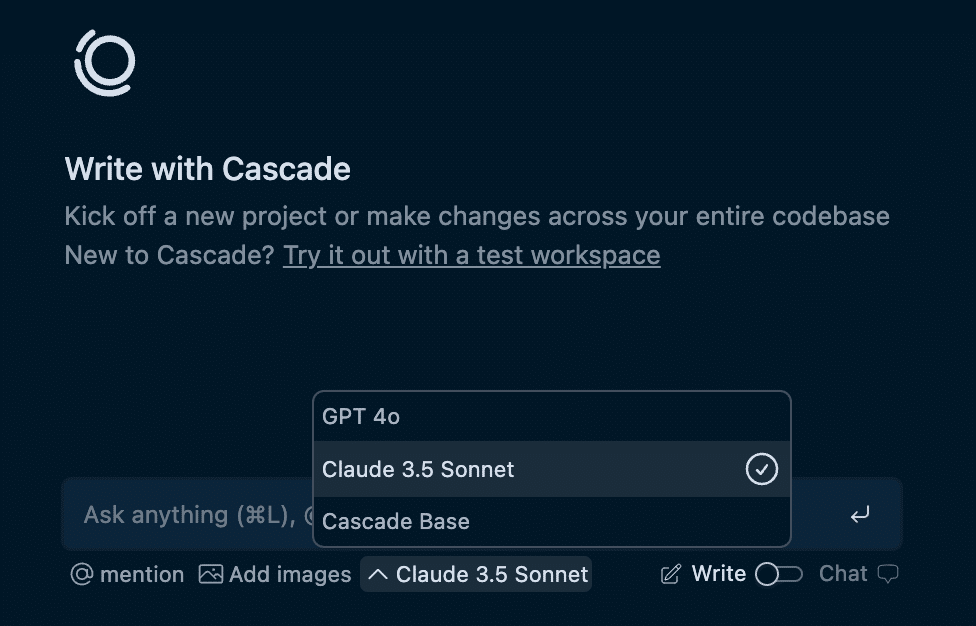 モデル選択:GPT-4o、Claude 3.5 Sonnet、Cascade Base