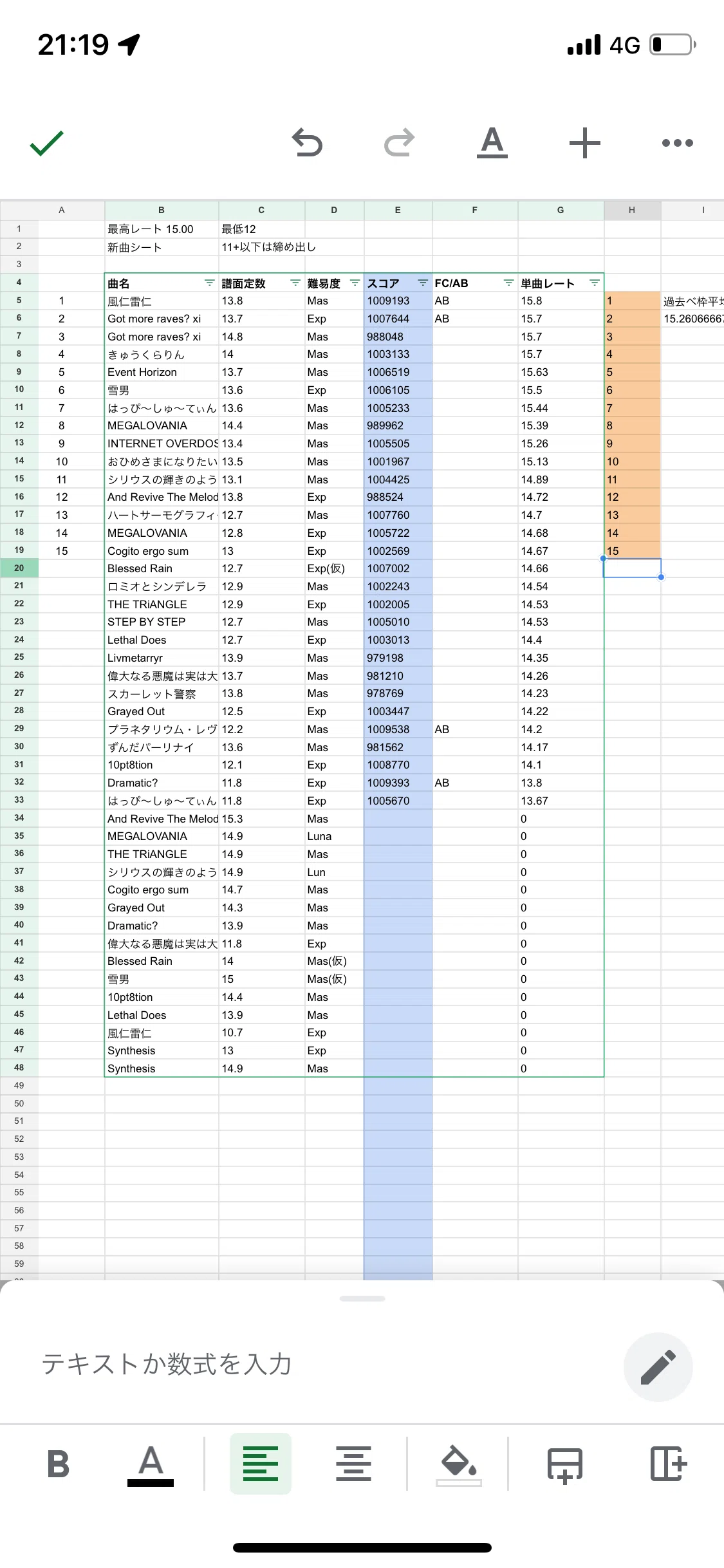スプレッドシートで自作したレート15.5到達時の新曲ベスト枠。