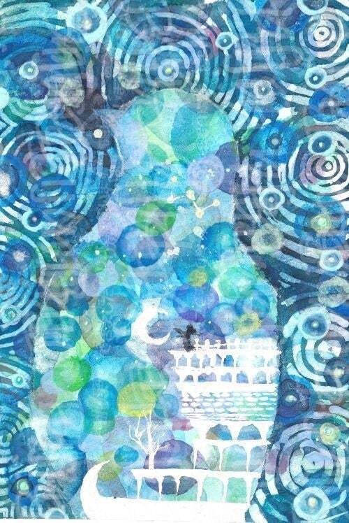 月の停車場】水彩画 鳥 三日月 月 星月夜 船 水道橋 水彩画｜みちのく